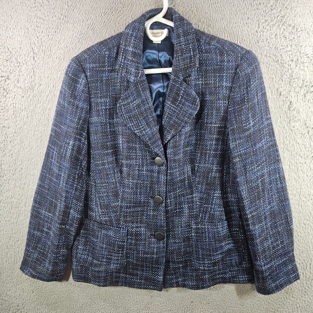 Coldwater Creek Womens Blue Black Tweed Blazer Jacket Size 14 Lined Professional